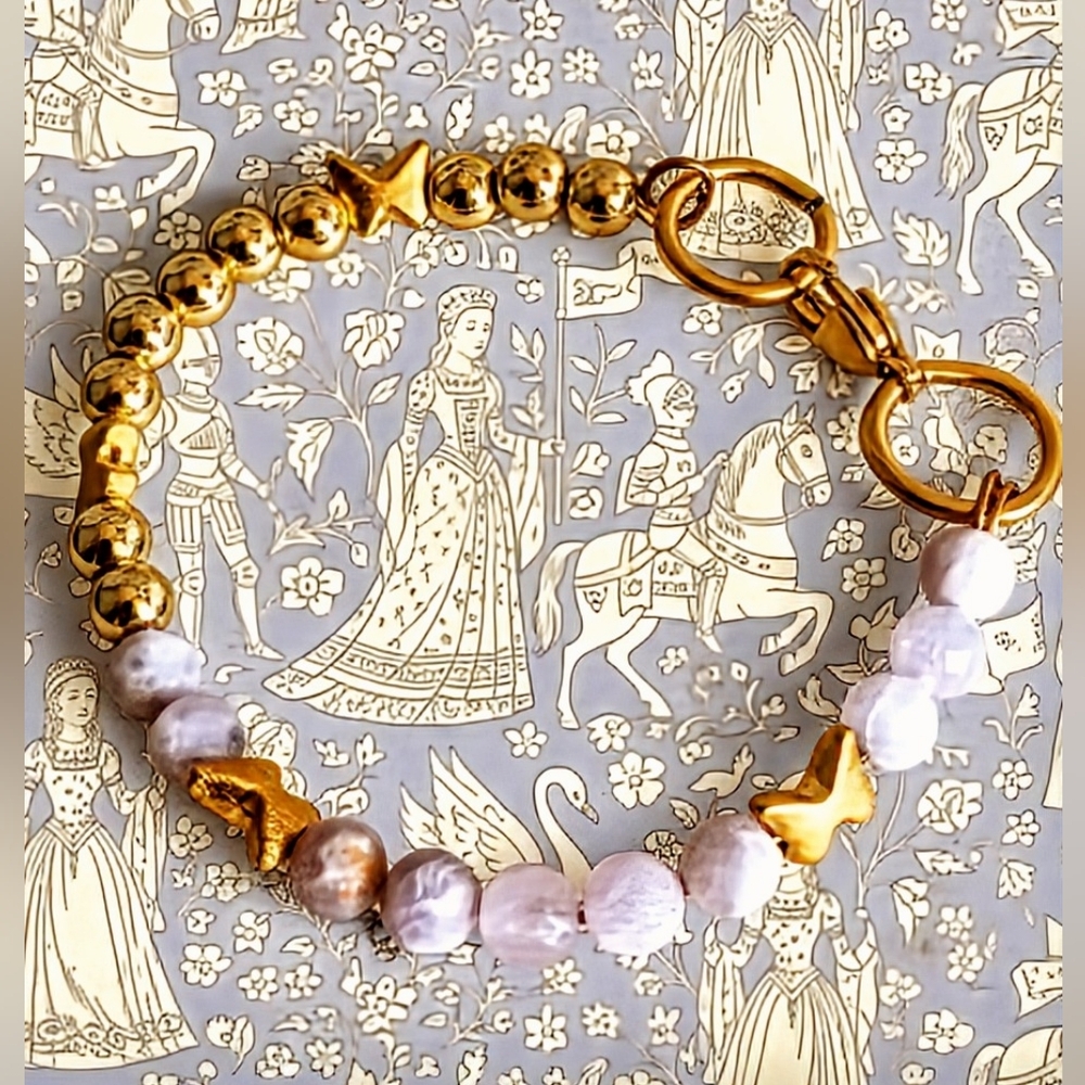 Natural Pink Kunzite & Gold Beads In Half And Half Assymetrical  Bracelet